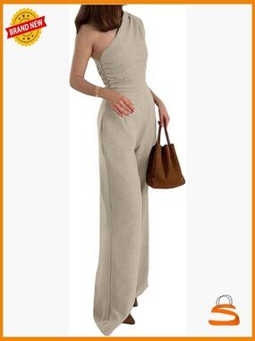 Sleeveless One Shoulder Jumpsuit Ruched High Waist Long Pants Romper